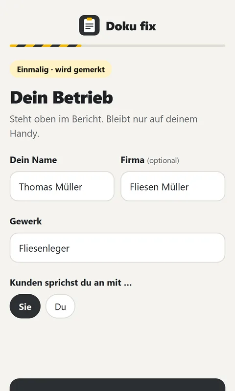 App Doku fix: Name, Firma und Gewerk einmalig eintragen