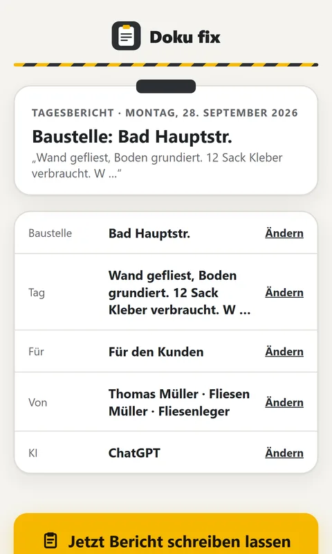 App Doku fix: Zusammenfassung und Button Jetzt Bericht schreiben lassen